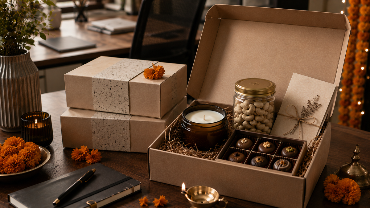 Corporate Diwali gift boxes with a candle, note card, and diya on a wooden table