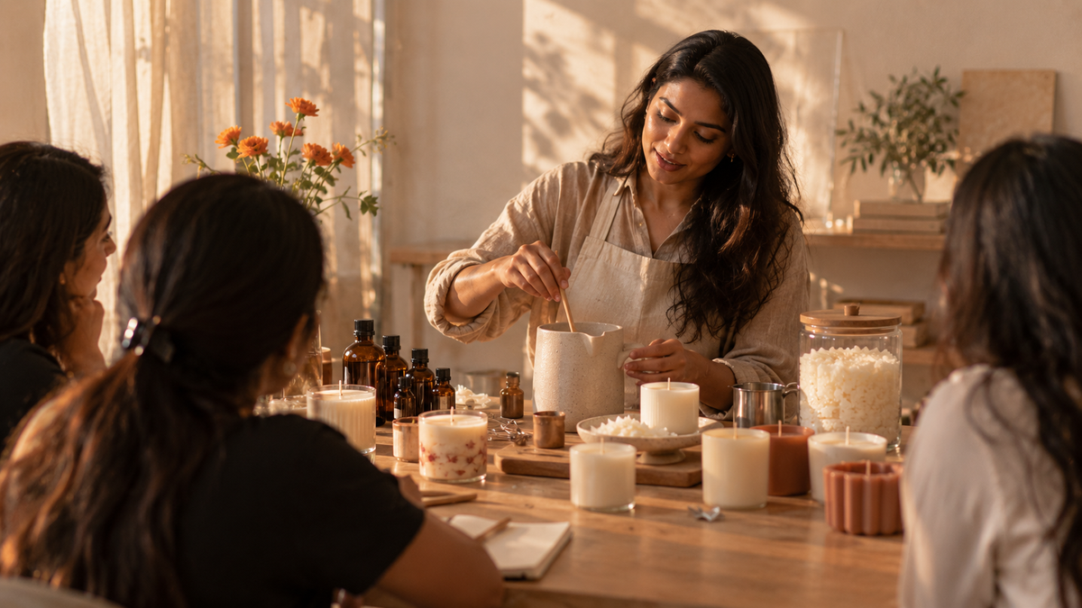 Hands pouring melted wax into a jar at a candle making class