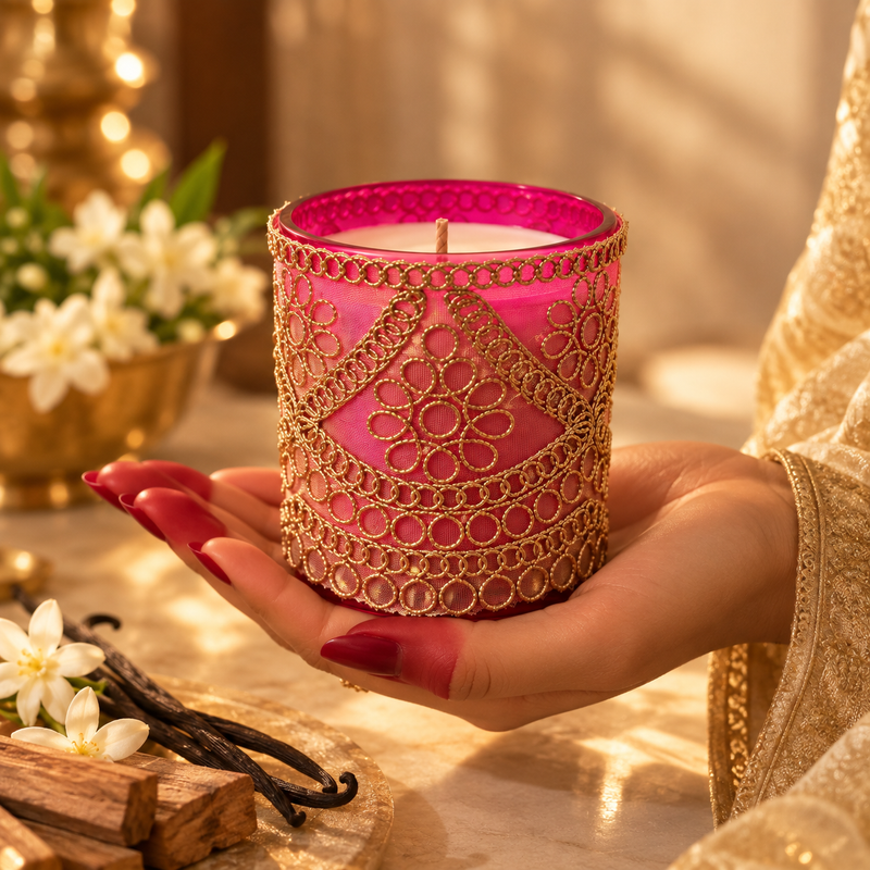 Chandni Zari festive jar candle in magenta with gold zari work, held in a hand beside vanilla pods and sandalwood
