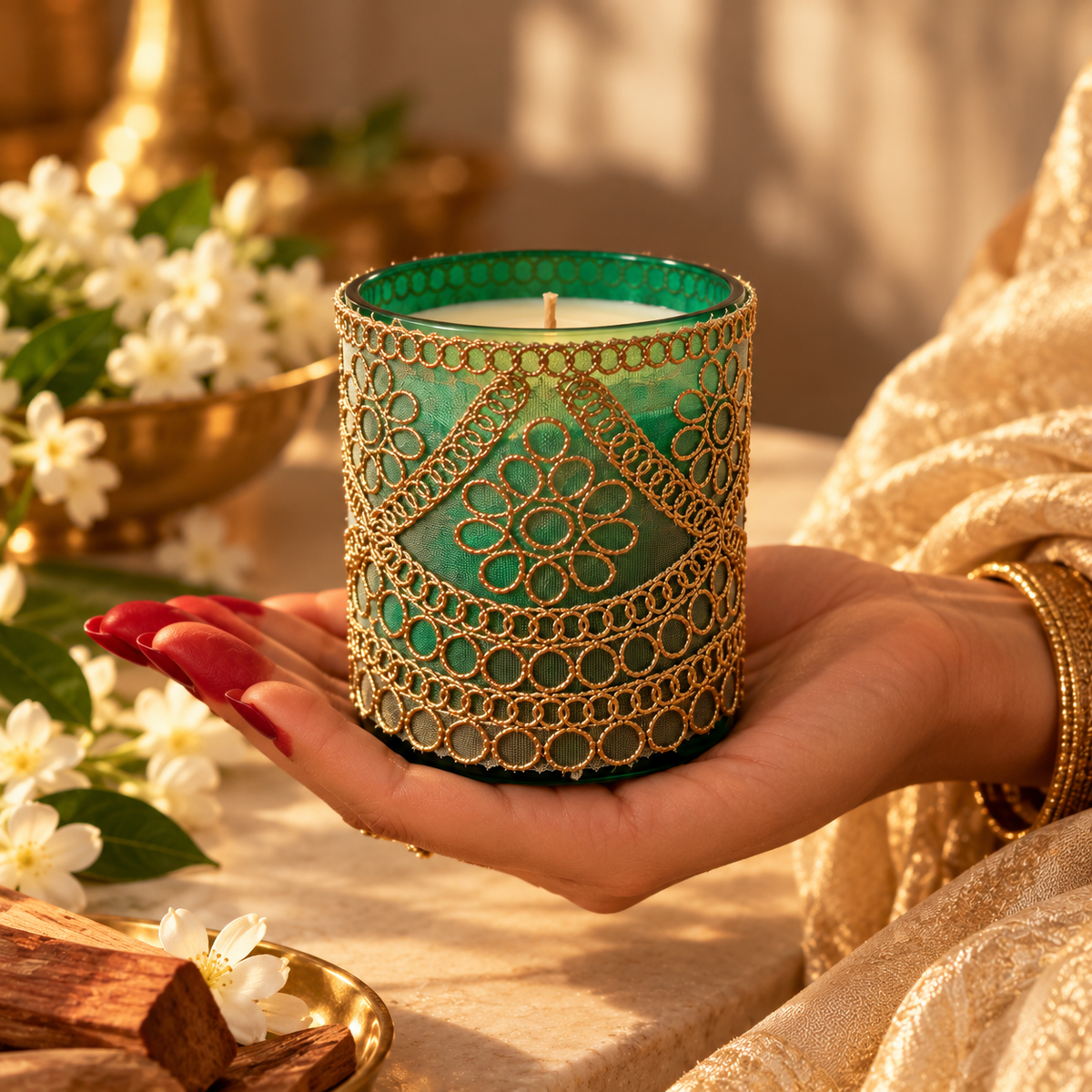 Noor Zari festive jar candle in green with gold zari work, held in a hand beside sandalwood and jasmine