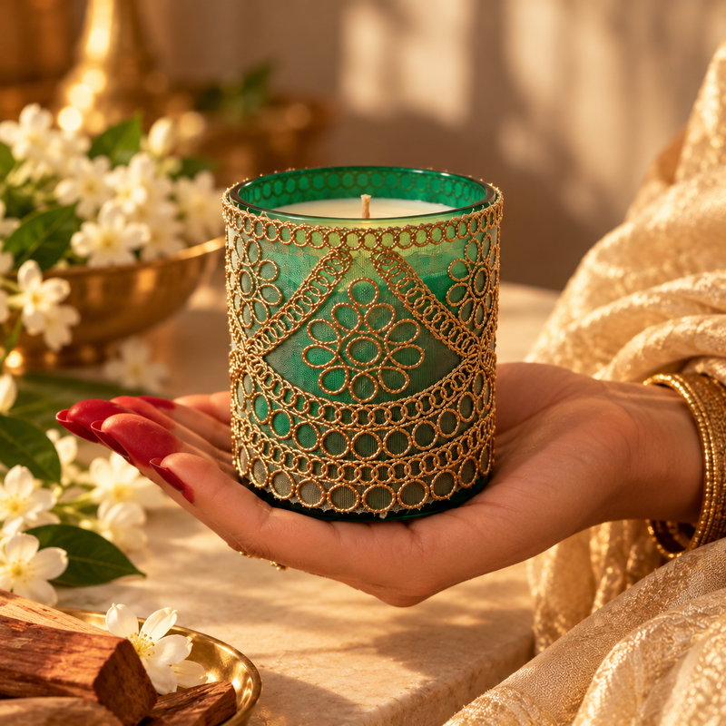 Noor Zari festive jar candle in green with gold zari work, held in a hand beside sandalwood and jasmine