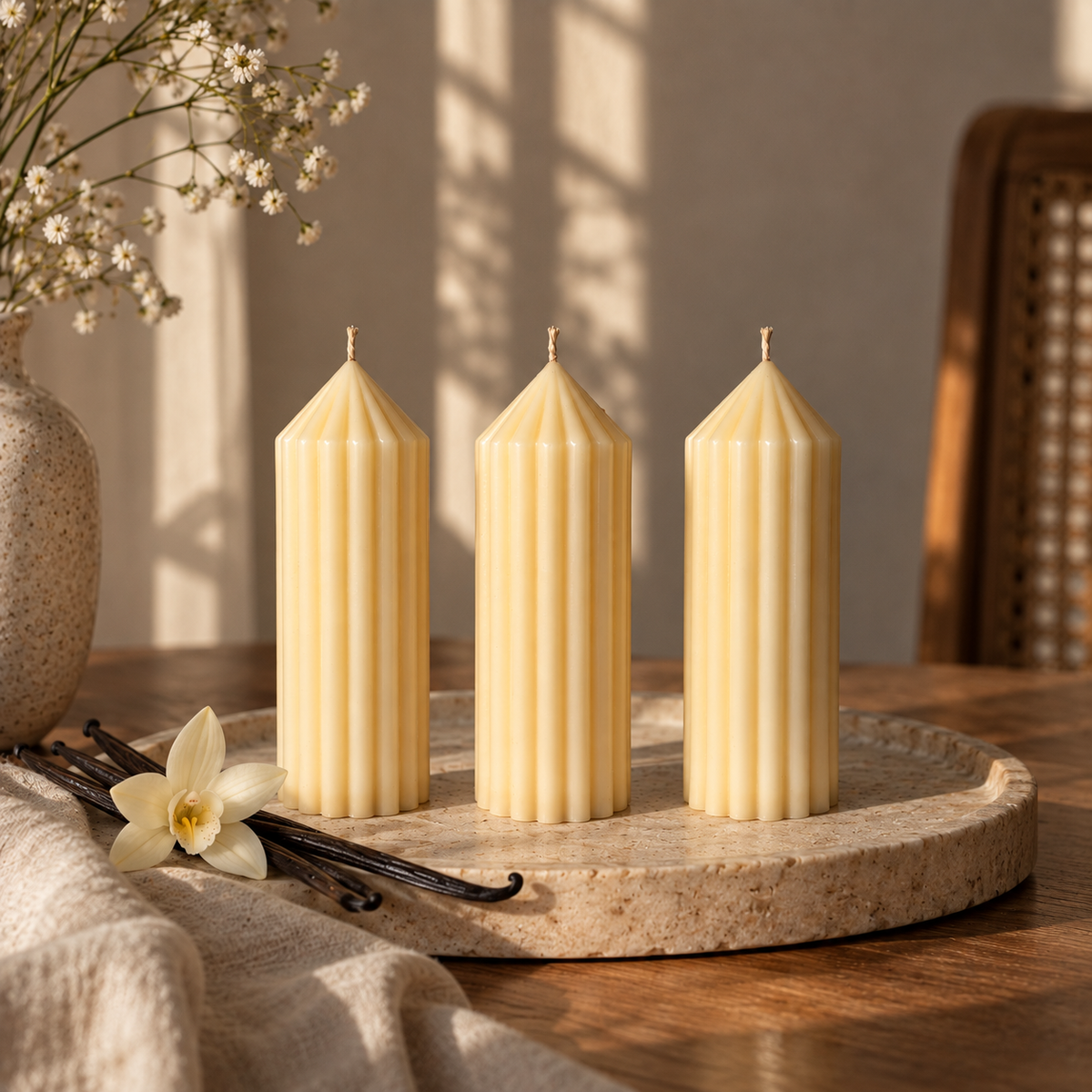 Three cream ribbed pillar candles on a stone tray beside dried flowers, an example of candles taught in the course