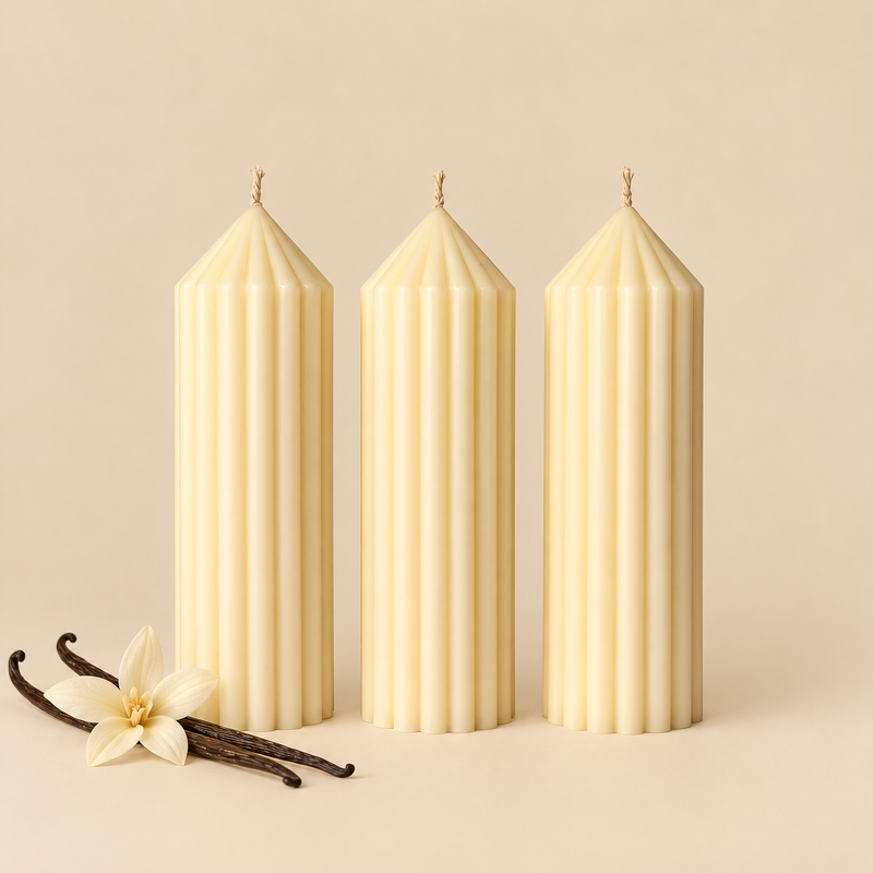 Vanilla Ribbed Pillar Candles | Set of 3