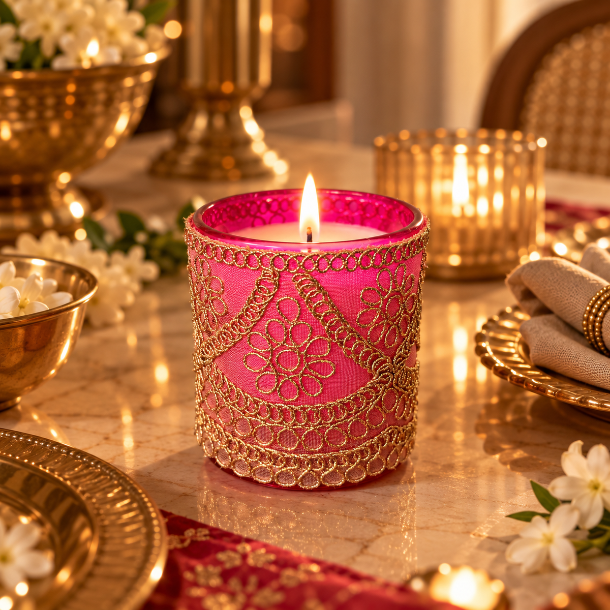 Lit Chandni Zari jar candle in magenta with gold zari work on a festive dining table