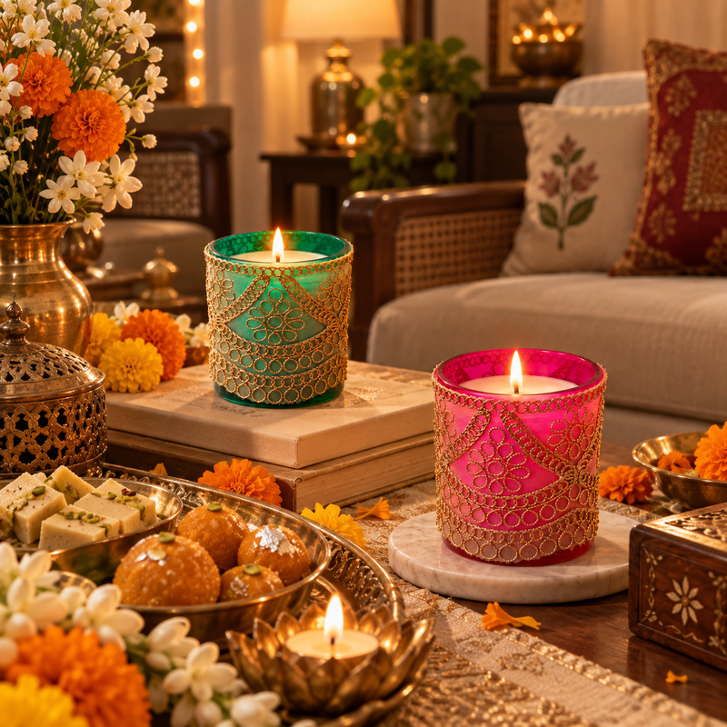Green and magenta festive jar candles with gold zari work beside a gift box