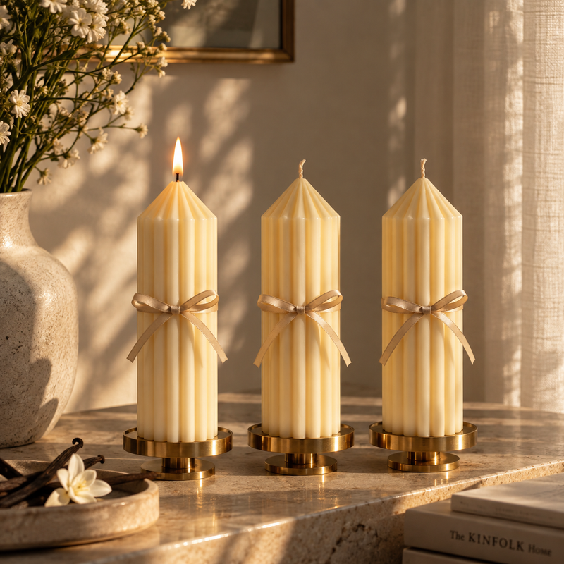 Vanilla Ribbed Pillar Candles | Set of 3
