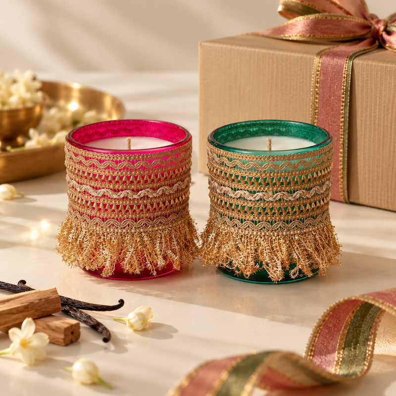 Noor and Chandni set of 2 festive jar candles, magenta and green lace glass jars in a gift box