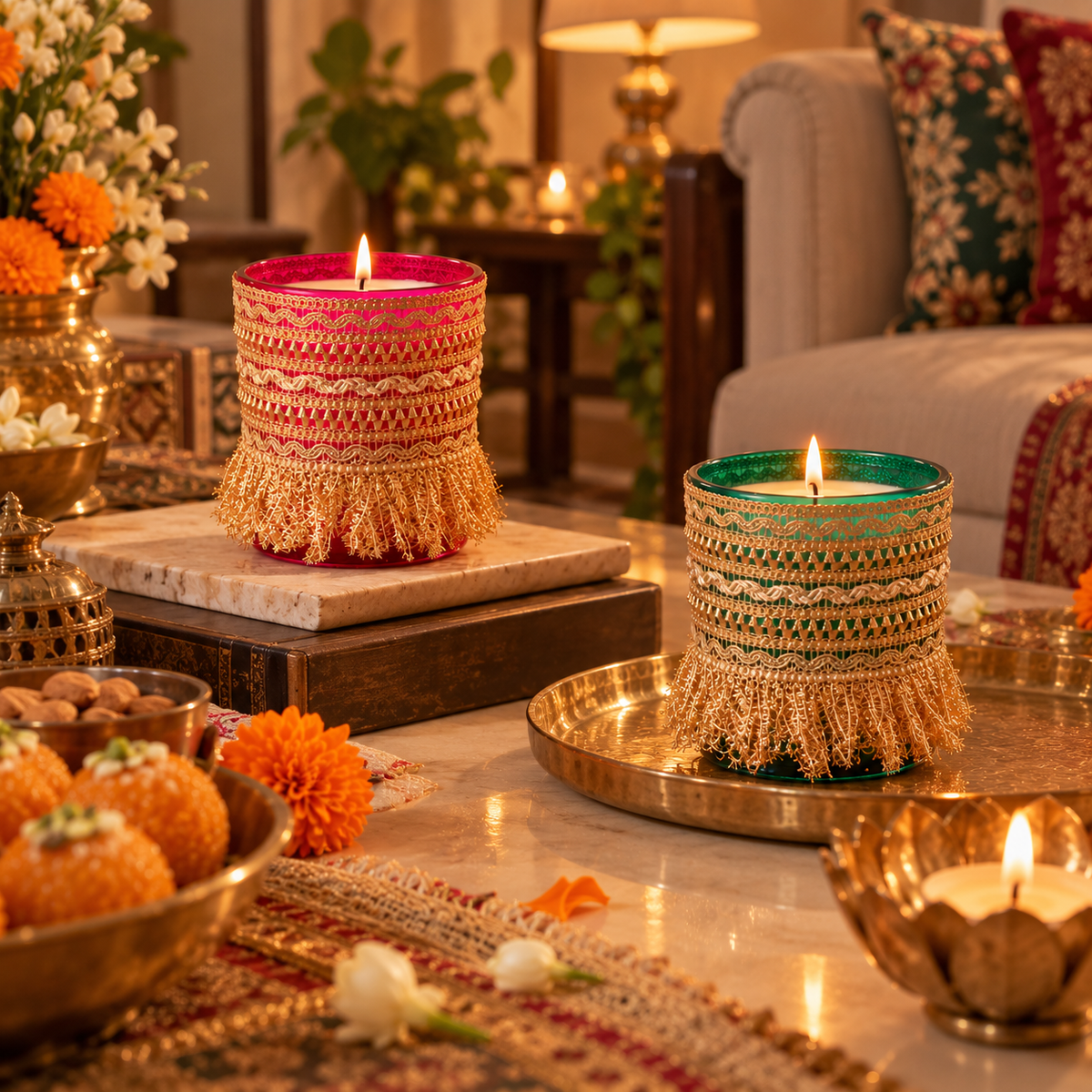 Noor and Chandni festive jar candles with gold zari work on a Diwali table with marigolds and sweets