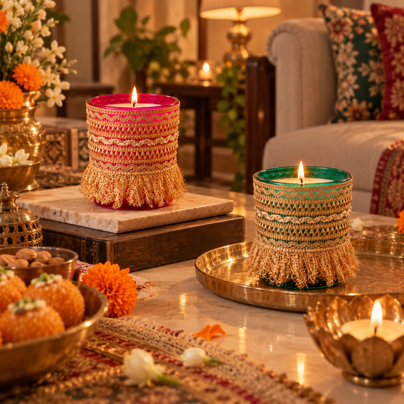 Noor and Chandni set of 2 festive jar candles, magenta and green lace glass jars in a gift box