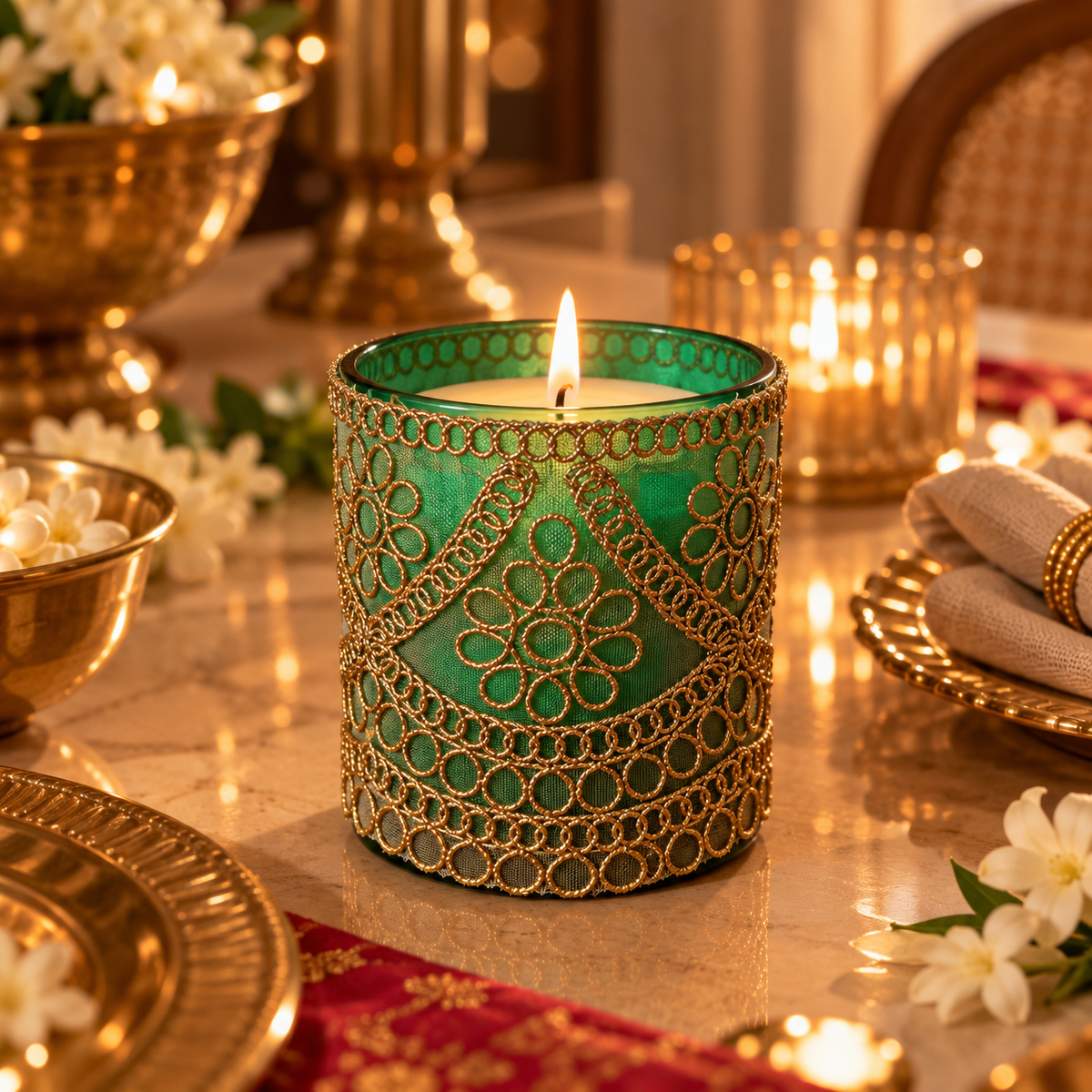 Lit Noor Zari jar candle in green with gold zari work on a festive dining table