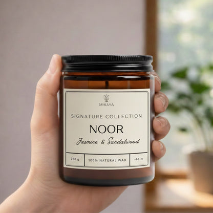 Noor jasmine and sandalwood scented jar candle in amber glass, photo 3