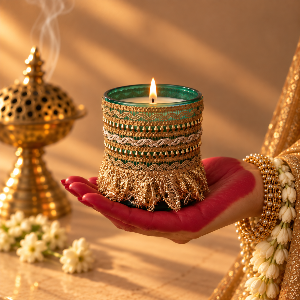 Noor festive jasmine and sandalwood scented jar candle, 200g