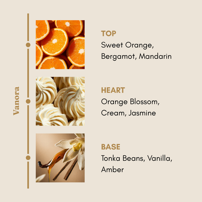 Vanora fragrance notes: sweet orange, bergamot and mandarin top, orange blossom, cream and jasmine heart, tonka bean, vanilla and amber base