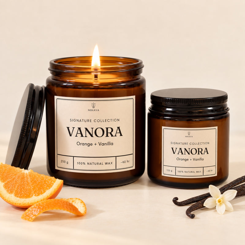 Vanora orange and vanilla scented jar candle from the Signature Collection, 250 g and 120 g