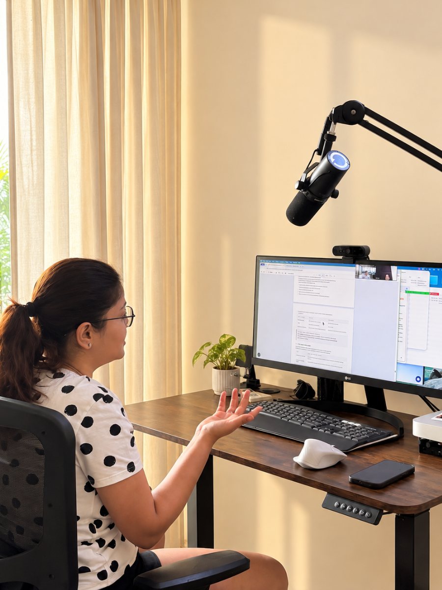 A live one-to-one online session in progress at a desk with a microphone, camera and monitor