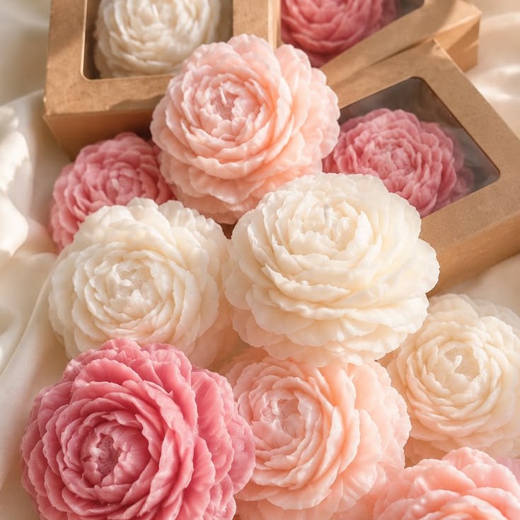 Mikaya peony candles in pink and cream, an example of a sculptural candle